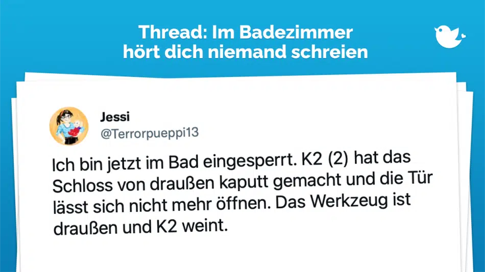 Thread: Ich bin jetzt im Bad eingesperrt. K2 (2) hat das Schloss von draußen kaputt gemacht und die Tür lässt sich nicht mehr öffnen. Das Werkzeug ist draußen und K2 weint.