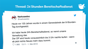 Heute vor 133 Jahren wurde in einem Generalstreik der 8-Stunden-Tag durchgesetzt. Ich habe heute 24h-Bereitschaftsdienst, so nennt unsere Verwaltung das. Der OP wird heute voraussichtlich bis 3 Uhr nachts laufen - wenn ab jetzt nichts Neues mehr dazu kommt.