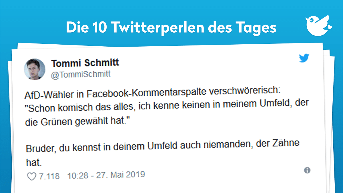 AfD-Wähler in Facebook-Kommentarspalte verschwörerisch: "Schon komisch das alles, ich kenne keinen in meinem Umfeld, der die Grünen gewählt hat." Bruder, du kennst in deinem Umfeld auch niemanden, der Zähne hat.