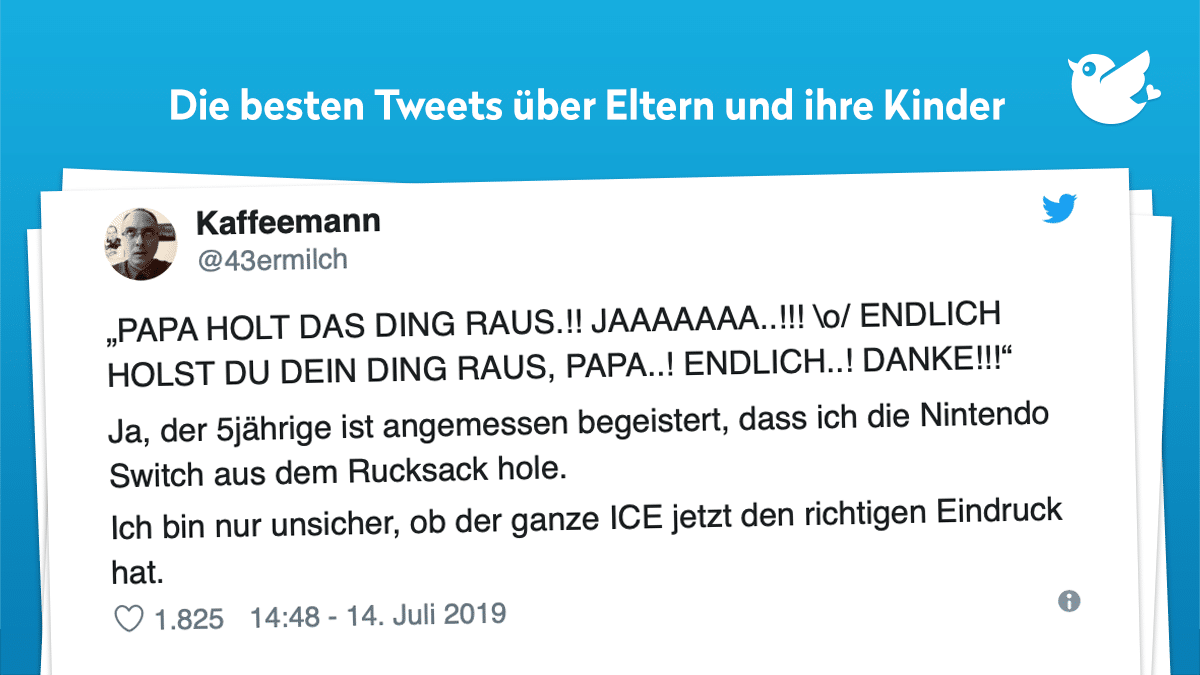 „PAPA HOLT DAS DING RAUS.!! JAAAAAAA..!!! \o/ ENDLICH HOLST DU DEIN DING RAUS, PAPA..! ENDLICH..! DANKE!!!“ Ja, der 5jährige ist angemessen begeistert, dass ich die Nintendo Switch aus dem Rucksack hole. Ich bin nur unsicher, ob der ganze ICE jetzt den richtigen Eindruck hat.