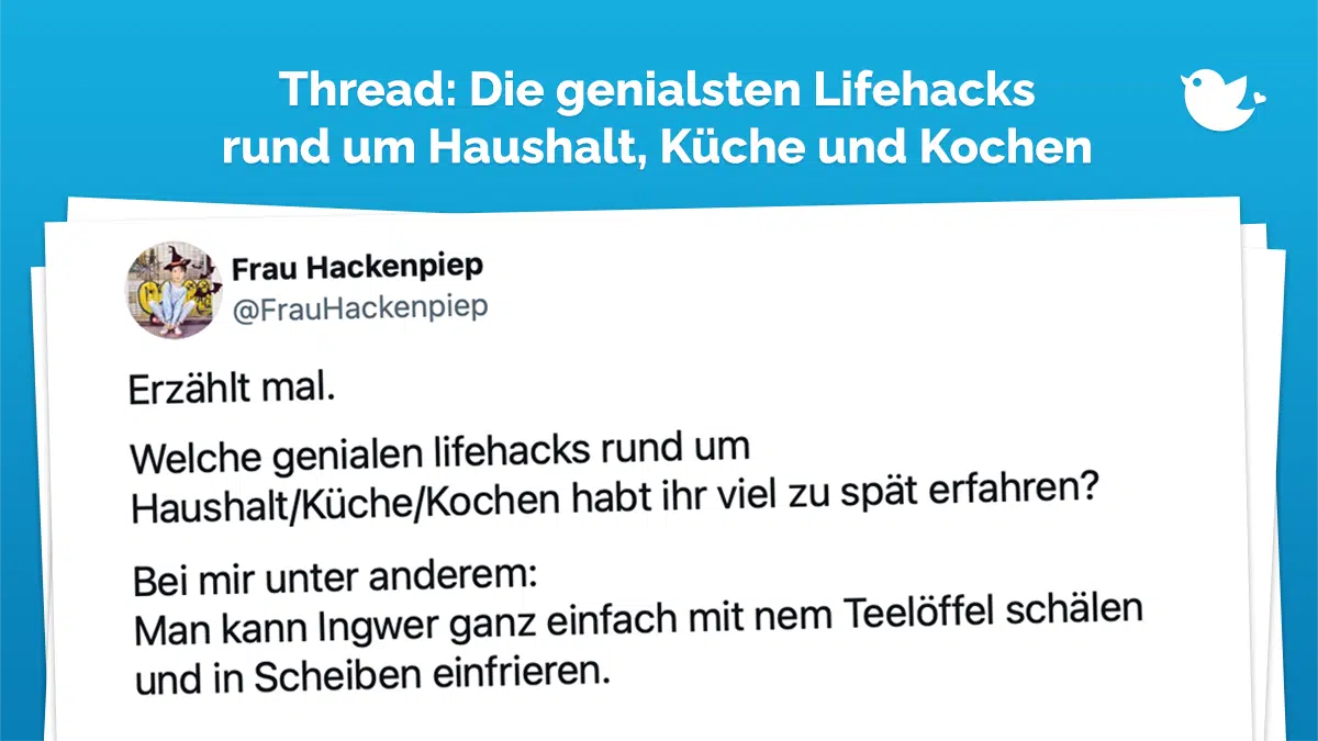 Thread: Erzählt mal. Welche genialen lifehacks rund um Haushalt/Küche/Kochen habt ihr viel zu spät erfahren? Bei mir unter anderem: Man kann Ingwer ganz einfach mit nem Teelöffel schälen und in Scheiben einfrieren. 87 vergammelte Ingwerreste hätten das gern früher gewusst. 🤷🏻‍♀️