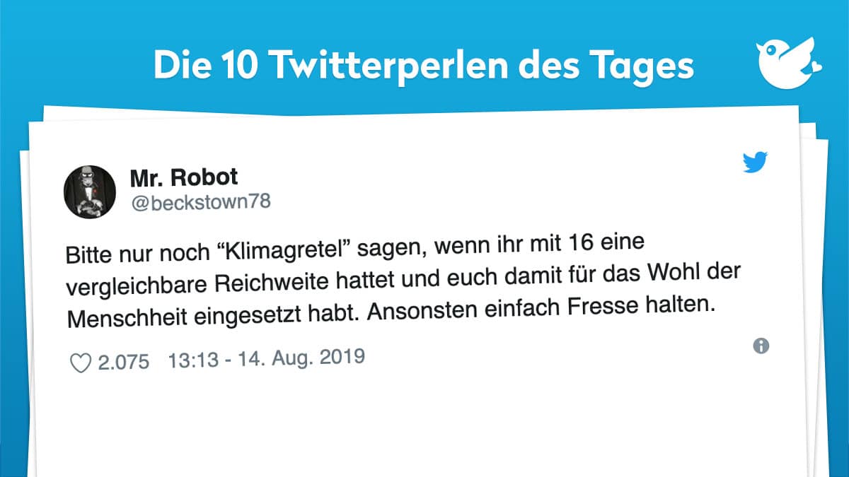 Bitte nur noch “Klimagretel” sagen, wenn ihr mit 16 eine vergleichbare Reichweite hattet und euch damit für das Wohl der Menschheit eingesetzt habt. Ansonsten einfach Fresse halten.