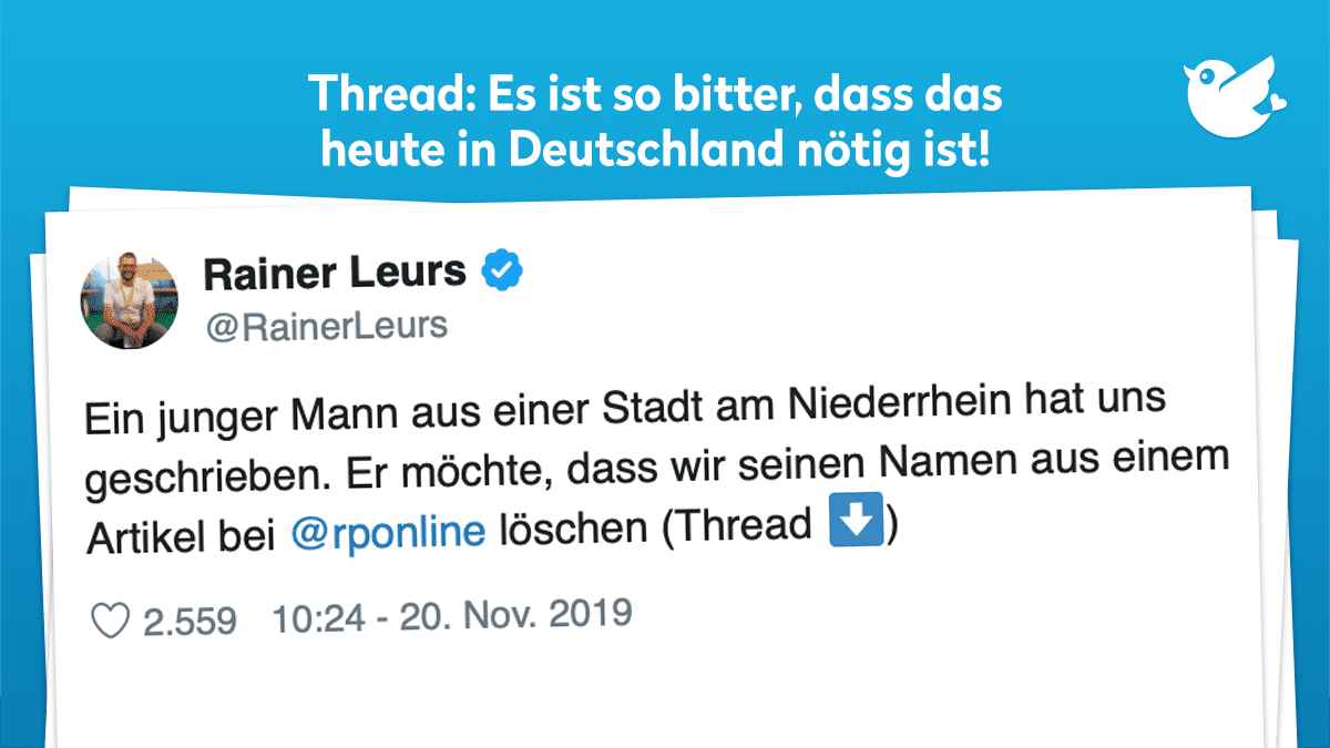 Ein junger Mann aus einer Stadt am Niederrhein hat uns geschrieben. Er möchte, dass wir seinen Namen aus einem Artikel bei @rponline löschen (Thread ⬇️)