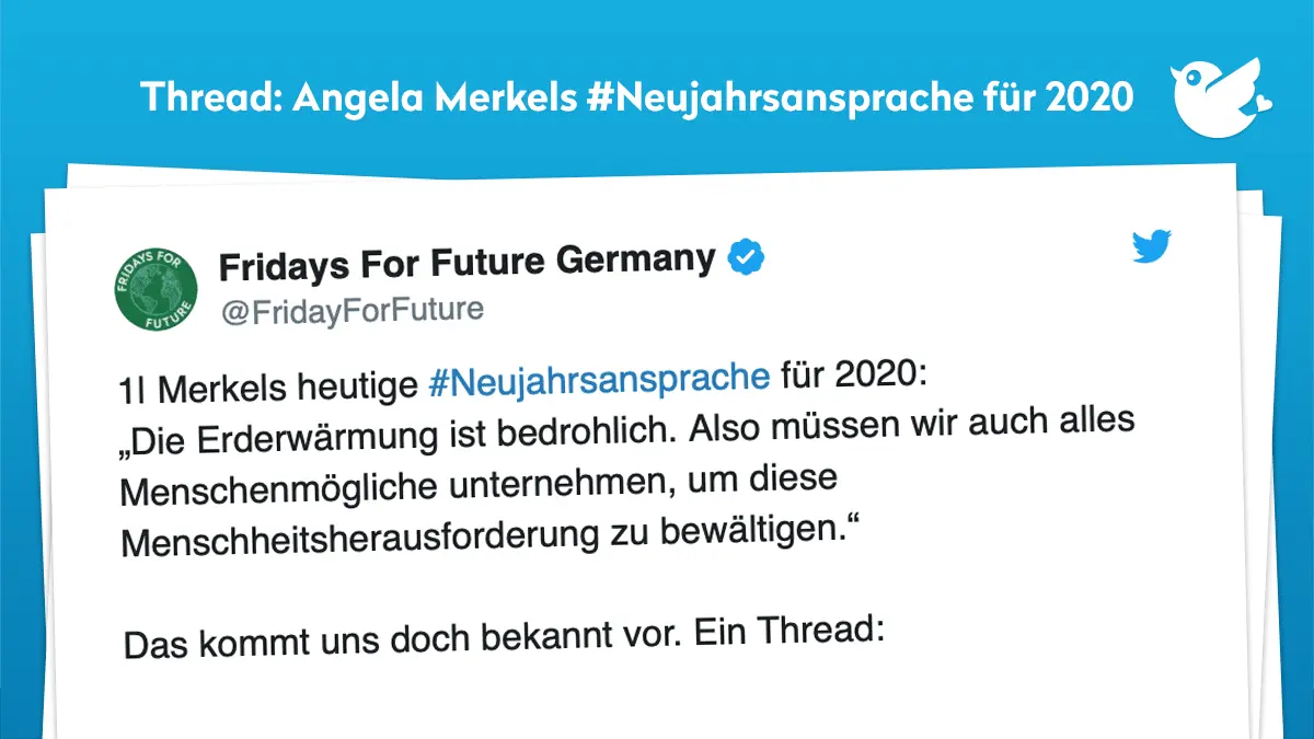 1| Merkels heutige #Neujahrsansprache für 2020: „Die Erderwärmung ist bedrohlich. Also müssen wir auch alles Menschenmögliche unternehmen, um diese Menschheitsherausforderung zu bewältigen.“ Das kommt uns doch bekannt vor. Ein Thread:
