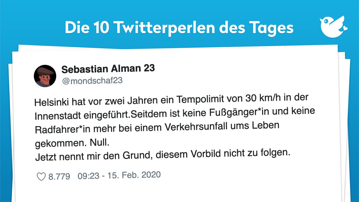 Helsinki hat vor zwei Jahren ein Tempolimit von 30 km/h in der Innenstadt eingeführt.Seitdem ist keine Fußgänger*in und keine Radfahrer*in mehr bei einem Verkehrsunfall ums Leben gekommen. Null. Jetzt nennt mir den Grund, diesem Vorbild nicht zu folgen.