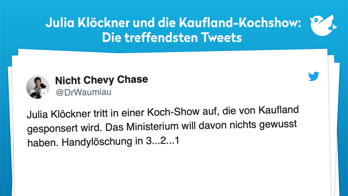 Julia Klöckner: Julia Klöckner tritt in einer Koch-Show auf, die von Kaufland gesponsert wird. Das Ministerium will davon nichts gewusst haben. Handylöschung in 3...2...1