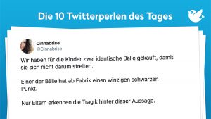 Wir haben für die Kinder zwei identische Bälle gekauft, damit sie sich nicht darum streiten. Einer der Bälle hat ab Fabrik einen winzigen schwarzen Punkt. Nur Eltern erkennen die Tragik hinter dieser Aussage.