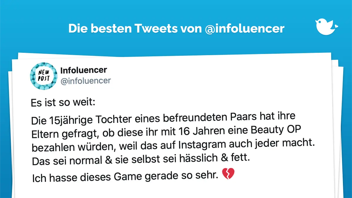 Es ist so weit: Die 15jährige Tochter eines befreundeten Paars hat ihre Eltern gefragt, ob diese ihr mit 16 Jahren eine Beauty OP bezahlen würden, weil das auf Instagram auch jeder macht. Das sei normal & sie selbst sei hässlich & fett. Ich hasse dieses Game gerade so sehr. 💔