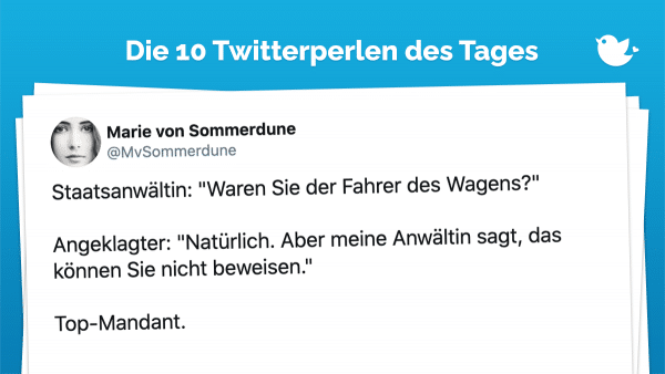 Staatsanwältin: "Waren Sie der Fahrer des Wagens?" Angeklagter: "Natürlich. Aber meine Anwältin sagt, das können Sie nicht beweisen." Top-Mandant.