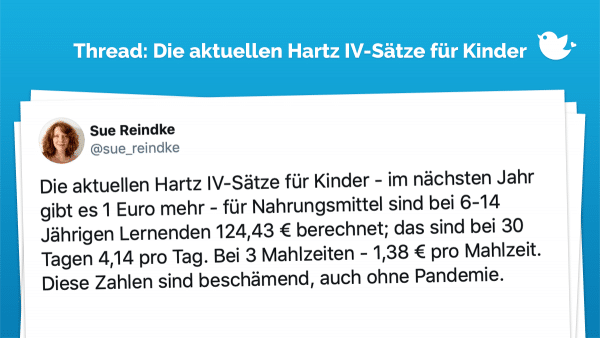 Die aktuellen Hartz IV-Sätze für Kinder - im nächsten Jahr gibt es 1 Euro mehr - für Nahrungsmittel sind bei 6-14 Jährigen Lernenden 124,43 € berechnet; das sind bei 30 Tagen 4,14 pro Tag. Bei 3 Mahlzeiten - 1,38 € pro Mahlzeit. Diese Zahlen sind beschämend, auch ohne Pandemie.