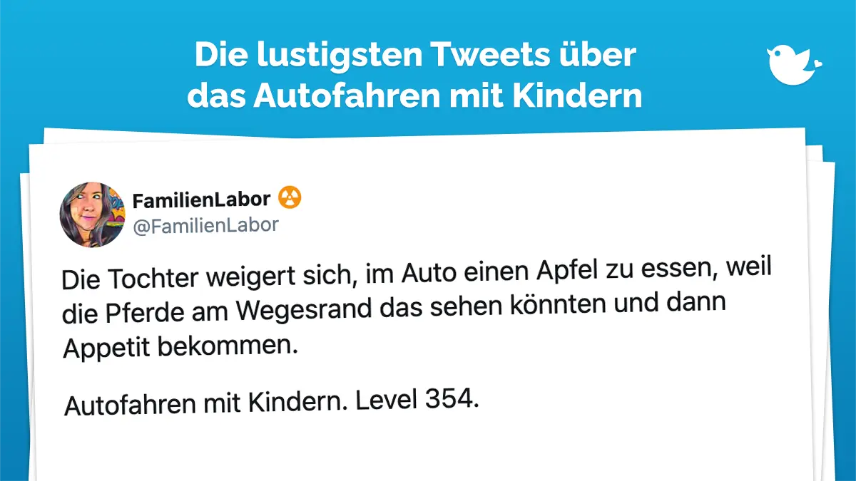 Die Tochter weigert sich, im Auto einen Apfel zu essen, weil die Pferde am Wegesrand das sehen könnten und dann Appetit bekommen. Autofahren mit Kindern. Level 354.