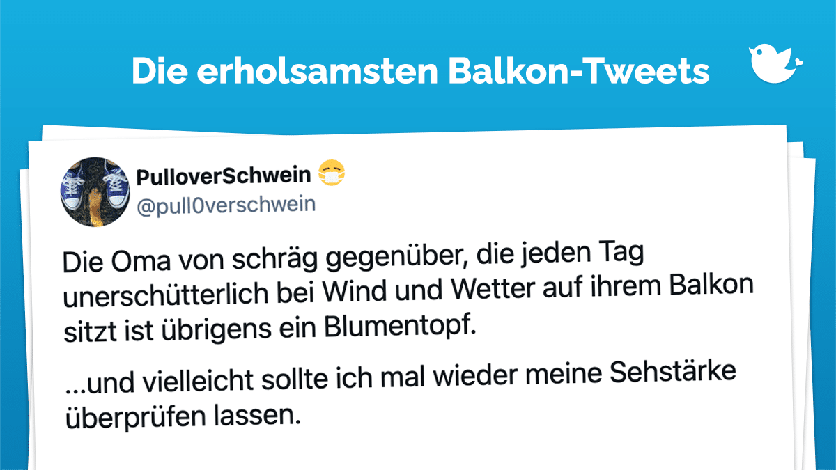 Die Oma von schräg gegenüber, die jeden Tag unerschütterlich bei Wind und Wetter auf ihrem Balkon sitzt ist übrigens ein Blumentopf. ...und vielleicht sollte ich mal wieder meine Sehstärke überprüfen lassen.