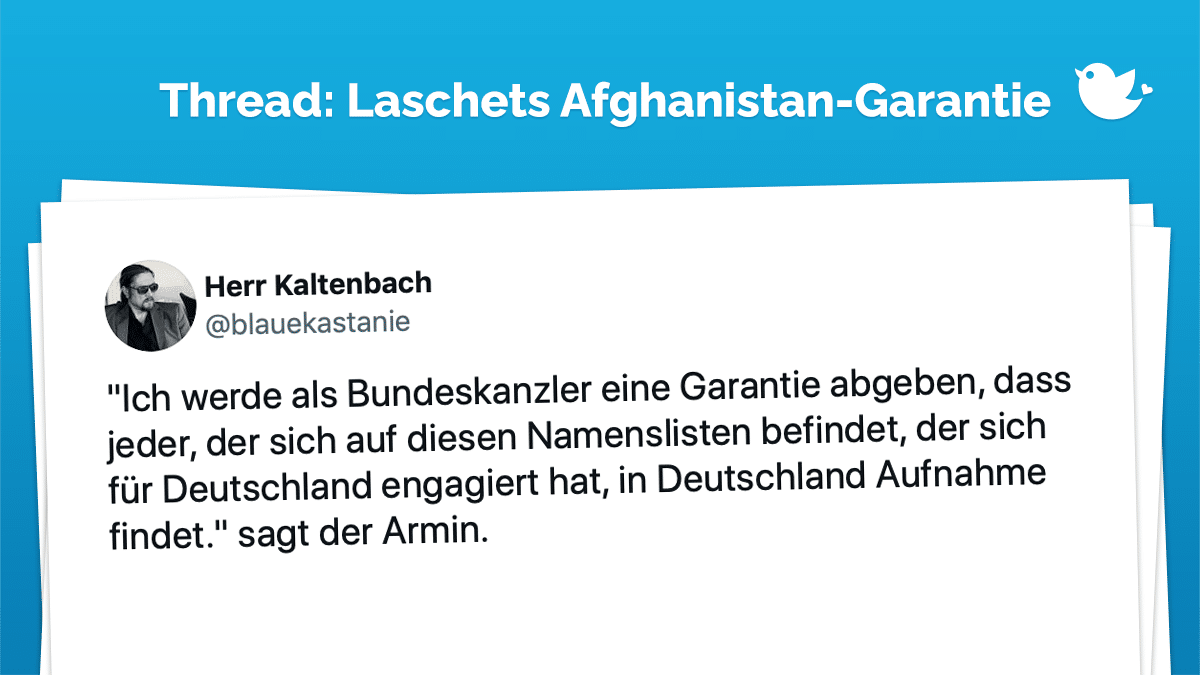 "Ich werde als Bundeskanzler eine Garantie abgeben, dass jeder, der sich auf diesen Namenslisten befindet, der sich für Deutschland engagiert hat, in Deutschland Aufnahme findet." sagt der Armin.