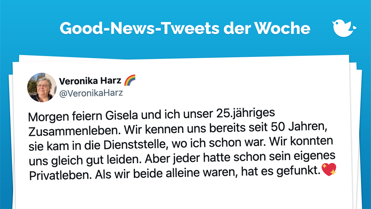 Morgen feiern Gisela und ich unser 25.jähriges Zusammenleben. Wir kennen uns bereits seit 50 Jahren, sie kam in die Dienststelle, wo ich schon war. Wir konnten uns gleich gut leiden. Aber jeder hatte schon sein eigenes Privatleben. Als wir beide alleine waren, hat es gefunkt.