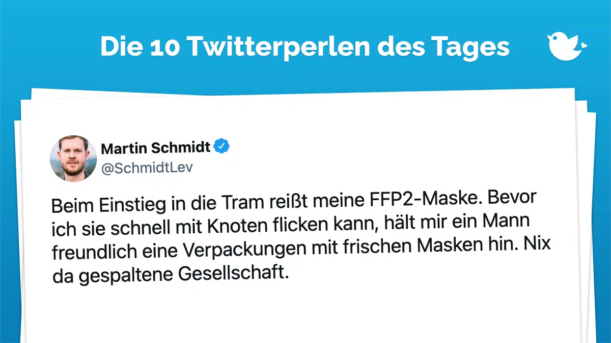 Beim Einstieg in die Tram reißt meine FFP2-Maske. Bevor ich sie schnell mit Knoten flicken kann, hält mir ein Mann freundlich eine Verpackungen mit frischen Masken hin. Nix da gespaltene Gesellschaft.