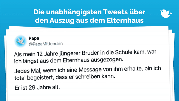 Als mein 12 Jahre jüngerer Bruder in die Schule kam, war ich längst aus dem Elternhaus ausgezogen. Jedes Mal, wenn ich eine Message von ihm erhalte, bin ich total begeistert, dass er schreiben kann. Er ist 29 Jahre alt.