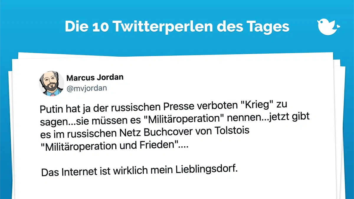 Ein weiterer Tag geht zu Ende. Ein Tag, an dem wieder zahlreiche Menschen in der Ukraine gestorben sind. In einem sinnlosen Krieg, den Wladimir Putin vor knapp einer Woche begonnen hat. Mütter müssen ihre Söhne zu Grabe tragen, Menschen verlieren ihre Heimat und müssen fliehen. Es ist für uns in Deutschland größtenteils unvorstellbar, was in diesen Personen vorgehen muss, wie sie fühlen, mit welchen Ängsten sie zu kämpfen haben. Auch heute haben wir in unseren täglichen Twitterperlen wieder eine große Auswahl an Tweets, die sich mit dem Thema Russland, Ukraine und Krieg beschäftigen. Aber wir wollen euch dabei auch immer noch eine Abwechslung, einen anderen Blick auf die aktuelle Twitter-Lage bieten. Tweets, die euch ablenken und ein Lächeln ins Gesicht treiben sollen, werdet ihr in diesem Beitrag ebenso finden wie Tweets, die aktuelle Bilder aus der Ukraine zeigen. Wir hoffen, dass das auch in eurem Sinne ist. Gebt uns gerne euer Feedback!