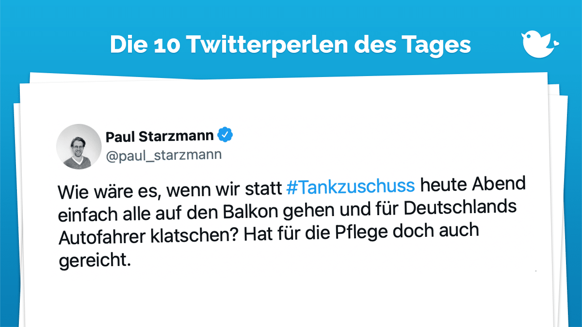 Wie wäre es, wenn wir statt #Tankzuschuss heute Abend einfach alle auf den Balkon gehen und für Deutschlands Autofahrer klatschen? Hat für die Pflege doch auch gereicht.