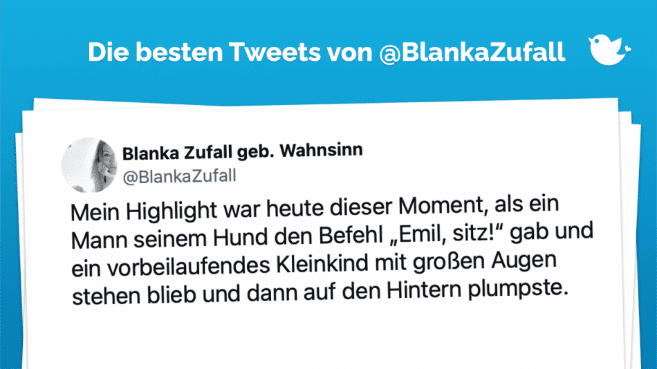 Mein Highlight war heute dieser Moment, als ein Mann seinem Hund den Befehl „Emil, sitz!“ gab und ein vorbeilaufendes Kleinkind mit großen Augen stehen blieb und dann auf den Hintern plumpste.