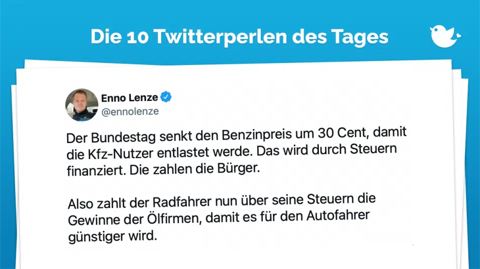 Der Bundestag senkt den Benzinpreis um 30 Cent, damit die Kfz-Nutzer entlastet werde. Das wird durch Steuern finanziert. Die zahlen die Bürger. Also zahlt der Radfahrer nun über seine Steuern die Gewinne der Ölfirmen, damit es für den Autofahrer günstiger wird.