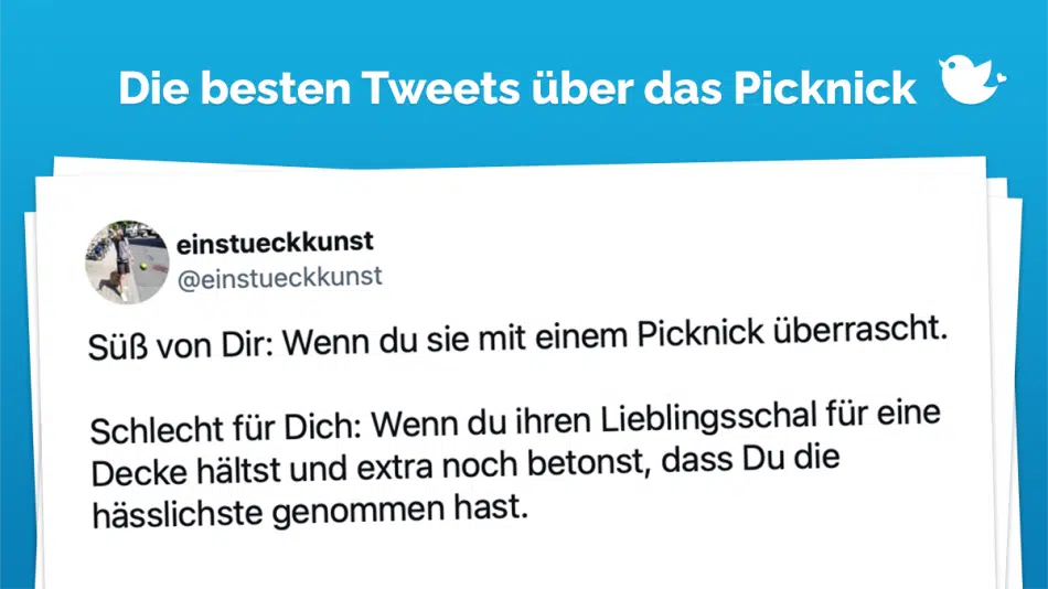 Die besten Tweets über das Picknick: Süß von Dir: Wenn du sie mit einem Picknick überrascht. Schlecht für Dich: Wenn du ihren Lieblingsschal für eine Decke hältst und extra noch betonst, dass Du die hässlichste genommen hast.