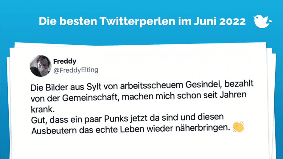 Die Bilder aus Sylt von arbeitsscheuem Gesindel, bezahlt von der Gemeinschaft, machen mich schon seit Jahren krank. Gut, dass ein paar Punks jetzt da sind und diesen Ausbeutern das echte Leben wieder näherbringen. 👏