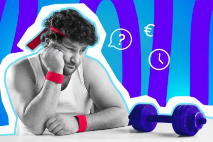 Ein humorloser „Sportmuffel“ im Retro-Look mit roten Schweißbändern und Stirnband stützt resigniert den Kopf auf die Hand. Vor ihm liegt eine lila Hantel, während über ihm Icons für klassische Ausreden wie Zeitmangel, Kosten und Unentschlossenheit schweben. Moderner Collagen-Stil zum Thema Fitness-Motivation und Ausreden beim Sport.