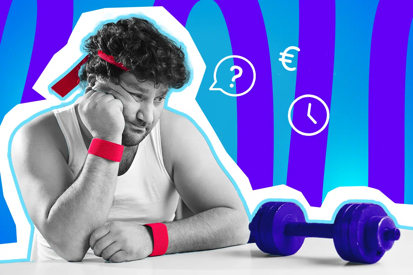 Ein humorloser „Sportmuffel“ im Retro-Look mit roten Schweißbändern und Stirnband stützt resigniert den Kopf auf die Hand. Vor ihm liegt eine lila Hantel, während über ihm Icons für klassische Ausreden wie Zeitmangel, Kosten und Unentschlossenheit schweben. Moderner Collagen-Stil zum Thema Fitness-Motivation und Ausreden beim Sport.