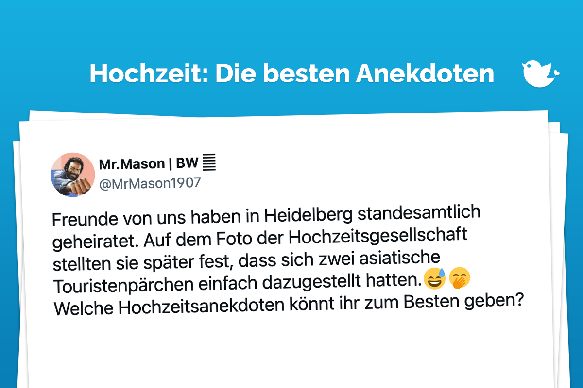 Freunde von uns haben in Heidelberg standesamtlich geheiratet. Auf dem Foto der Hochzeitsgesellschaft stellten sie später fest, dass sich zwei asiatische Touristenpärchen einfach dazugestellt hatten.😅🤭 Welche Hochzeitsanekdoten könnt ihr zum Besten geben?