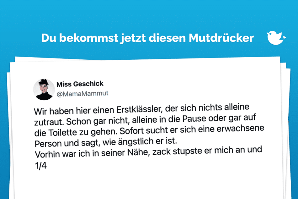 Wir haben hier einen Erstklässler, der sich nichts alleine zutraut. Schon gar nicht, alleine in die Pause oder gar auf die Toilette zu gehen. Sofort sucht er sich eine erwachsene Person und sagt, wie ängstlich er ist. Vorhin war ich in seiner Nähe, zack stupste er mich an und 1/4