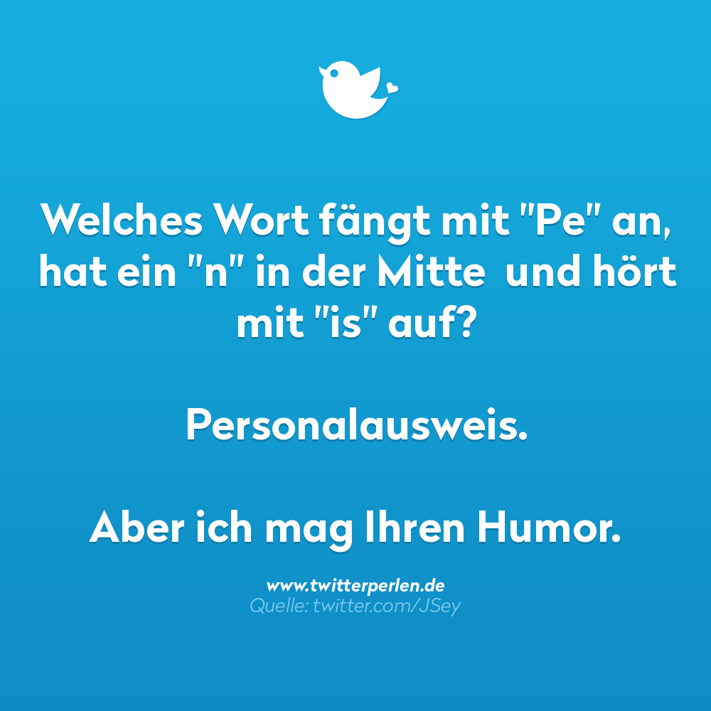 Welches Wort fängt mit "Pe" an, hat ein "n" in der Mitte und hört mit "is" auf?
Personalausweis.
Aber ich mag Ihren Humor.