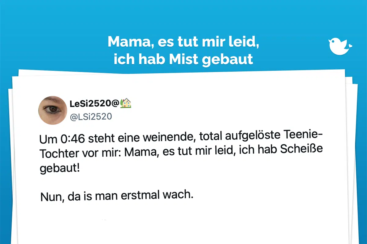 Mist gebaut: Um 0:46 steht eine weinende, total aufgelöste Teenie-Tochter vor mir: Mama, es tut mir leid, ich hab Scheiße gebaut! Nun, da is man erstmal wach.