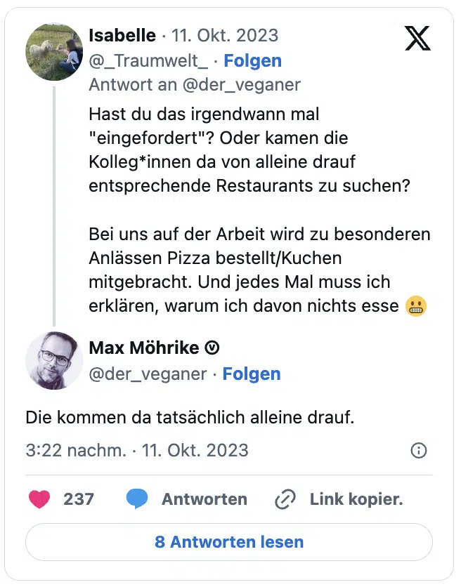 Hast du das irgendwann mal "eingefordert"? Oder kamen die Kolleg*innen da von alleine drauf entsprechende Restaurants zu suchen?

Bei uns auf der Arbeit wird zu besonderen Anlässen Pizza bestellt/Kuchen mitgebracht. Und jedes Mal muss ich erklären, warum ich davon nichts esse 😬

Die kommen da tatsächlich alleine drauf.