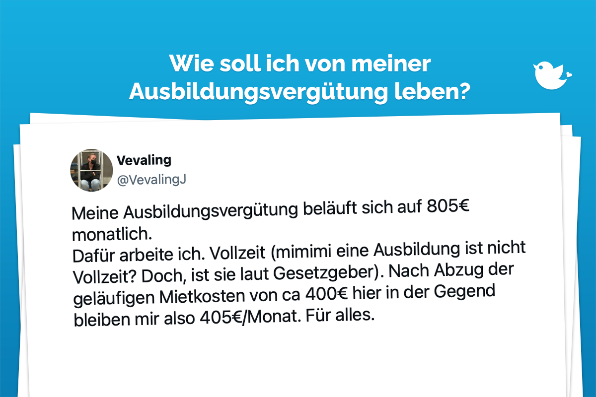 Meine Ausbildungsvergütung beläuft sich auf 805€ monatlich. Dafür arbeite ich. Vollzeit (mimimi eine Ausbildung ist nicht Vollzeit? Doch, ist sie laut Gesetzgeber). Nach Abzug der geläufigen Mietkosten von ca 400€ hier in der Gegend bleiben mir also 405€/Monat. Für alles. — Vevaling (@VevalingJ) November 1, 2023