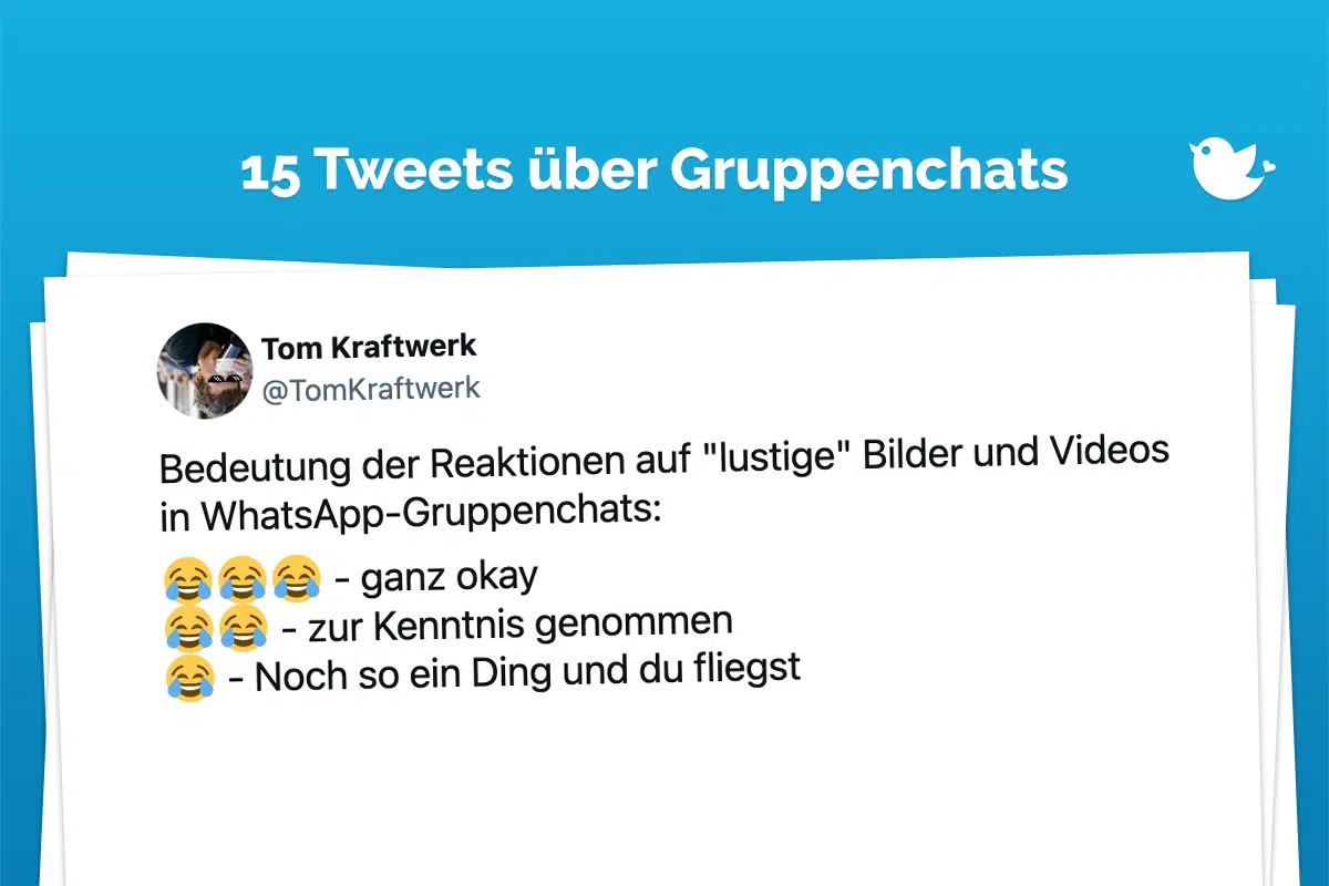Bedeutung der Reaktionen auf "lustige" Bilder und Videos in WhatsApp-Gruppenchats: 😂😂😂 - ganz okay 😂😂 - zur Kenntnis genommen 😂 - Noch so ein Ding und du fliegst