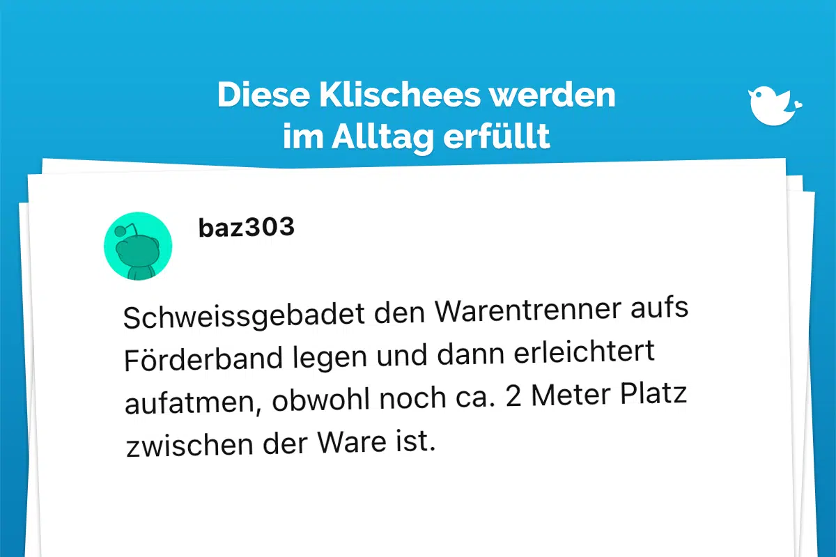 Schweissgebadet den Warentrenner aufs Förderband legen und dann erleichtert aufatmen, obwohl noch ca. 2 Meter Platz zwischen der Ware ist.