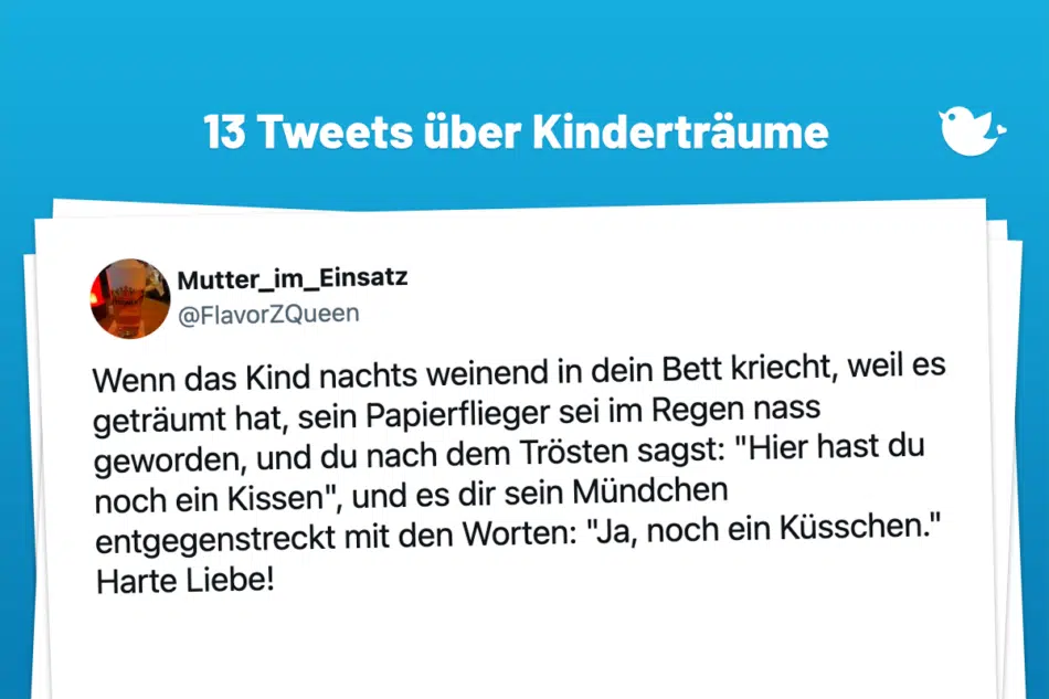 Wenn das Kind nachts weinend in dein Bett kriecht, weil es geträumt hat, sein Papierflieger sei im Regen nass geworden, und du nach dem Trösten sagst: "Hier hast du noch ein Kissen", und es dir sein Mündchen entgegenstreckt mit den Worten: "Ja, noch ein Küsschen." Harte Liebe!