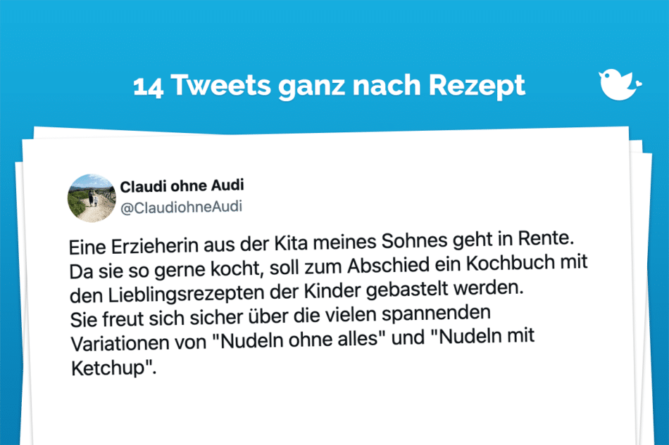 Eine Erzieherin aus der Kita meines Sohnes geht in Rente. Da sie so gerne kocht, soll zum Abschied ein Kochbuch mit den Lieblingsrezepten der Kinder gebastelt werden. Sie freut sich sicher über die vielen spannenden Variationen von "Nudeln ohne alles" und "Nudeln mit Ketchup".