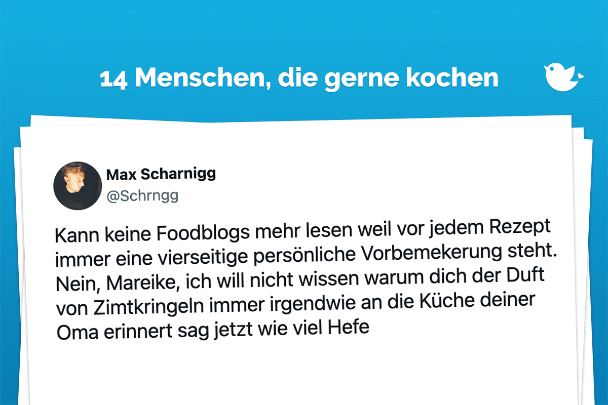 Kann keine Foodblogs mehr lesen weil vor jedem Rezept immer eine vierseitige persönliche Vorbemekerung steht. Nein, Mareike, ich will nicht wissen warum dich der Duft von Zimtkringeln immer irgendwie an die Küche deiner Oma erinnert sag jetzt wie viel Hefe