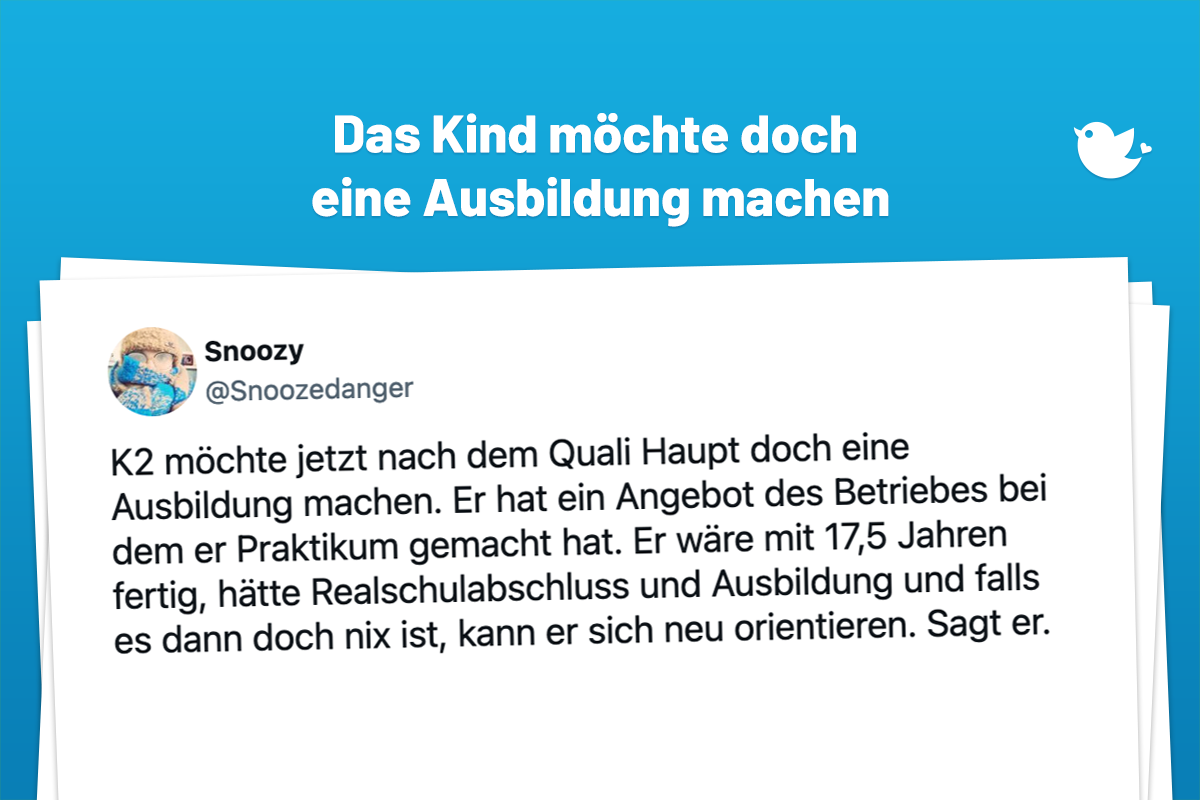 K2 möchte jetzt nach dem Quali Haupt doch eine Ausbildung machen. Er hat ein Angebot des Betriebes bei dem er Praktikum gemacht hat. Er wäre mit 17,5 Jahren fertig, hätte Realschulabschluss und Ausbildung und falls es dann doch nix ist, kann er sich neu orientieren. Sagt er.