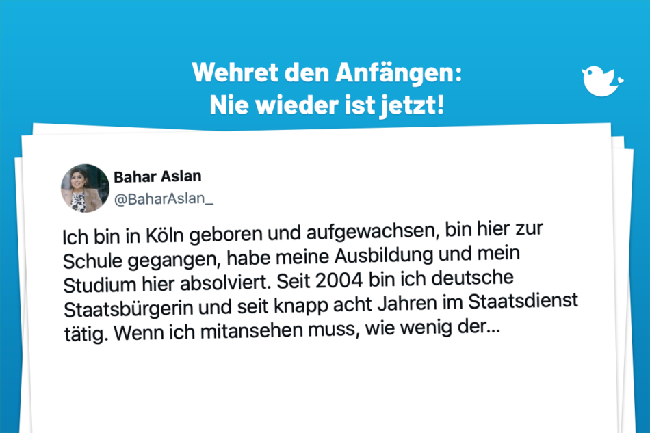 Nie wieder ist jetzt! Ich bin in Köln geboren und aufgewachsen, bin hier zur Schule gegangen, habe meine Ausbildung und mein Studium hier absolviert. Seit 2004 bin ich deutsche Staatsbürgerin und seit knapp acht Jahren im Staatsdienst tätig. Wenn ich mitansehen muss, wie wenig der…#Geheimplan — Bahar Aslan (@BaharAslan_) January 11, 2024