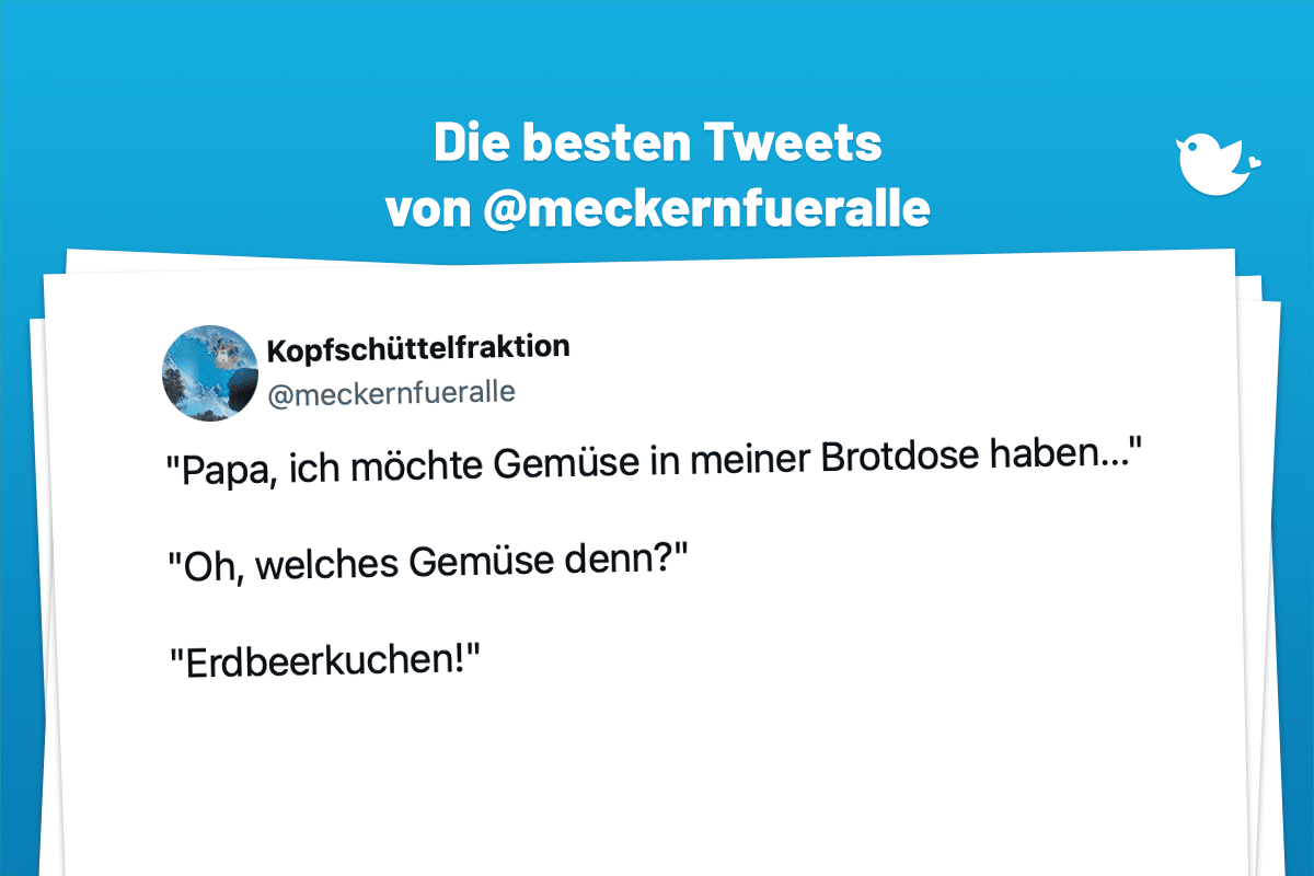 "Papa, ich möchte Gemüse in meiner Brotdose haben..." "Oh, welches Gemüse denn?" "Erdbeerkuchen!" — Kopfschüttelfraktion (@meckernfueralle) August 26, 2022