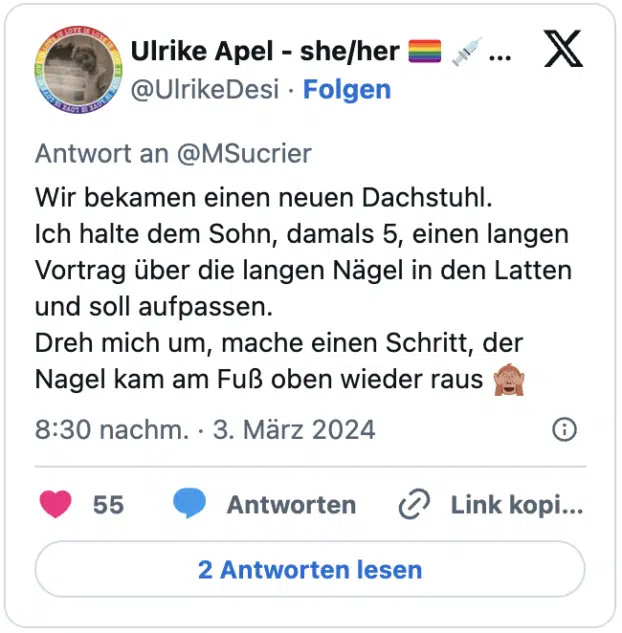 Wir bekamen einen neuen Dachstuhl.
Ich halte dem Sohn, damals 5, einen langen Vortrag über die langen Nägel in den Latten und soll aufpassen.
Dreh mich um, mache einen Schritt, der Nagel kam am Fuß oben wieder raus 🙈