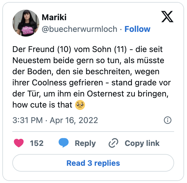 Der Freund (10) vom Sohn (11) - die seit Neuestem beide gern so tun, als müsste der Boden, den sie beschreiten, wegen ihrer Coolness gefrieren - stand grade vor der Tür, um ihm ein Osternest zu bringen, how cute is that 