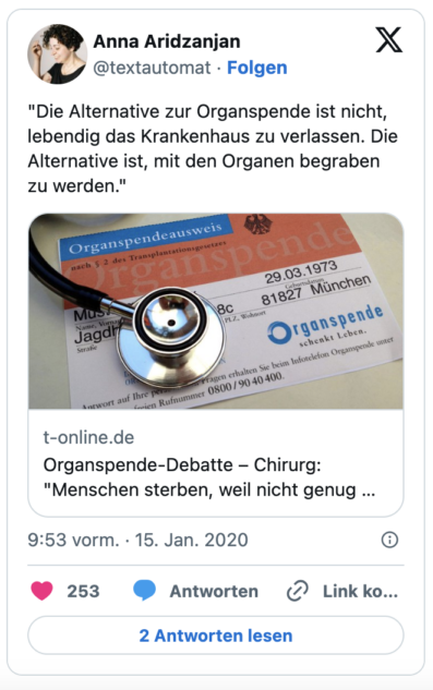 "Die Alternative zur Organspende ist nicht, lebendig das Krankenhaus zu verlassen. Die Alternative ist, mit den Organen begraben zu werden."
