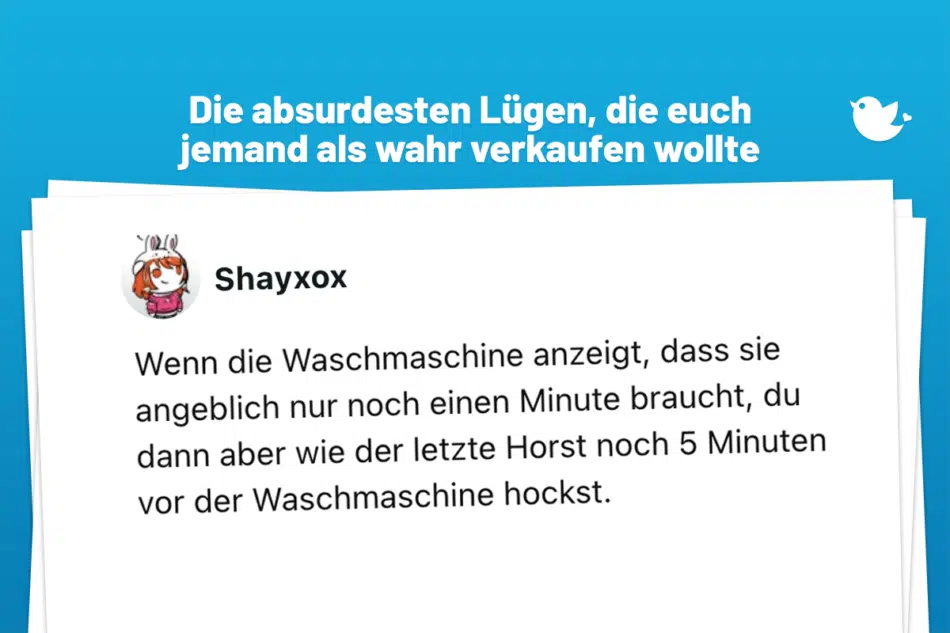 Die absurdesten Lügen, die euch jemand als wahr verkaufen wollte: Wenn die Waschmaschine anzeigt, dass sie angeblich nur noch einen Minute braucht, du dann aber wie der letzte Horst noch 5 Minuten vor der Waschmaschine hockst.