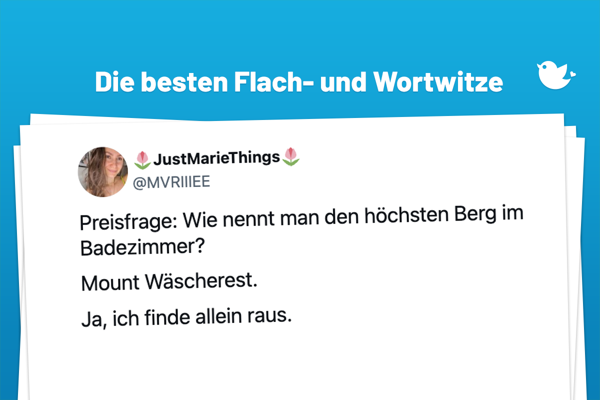 Die besten Flach- und Wortwitze: Preisfrage: Wie nennt man den höchsten Berg im Badezimmer? Mount Wäscherest. Ja, ich finde allein raus.