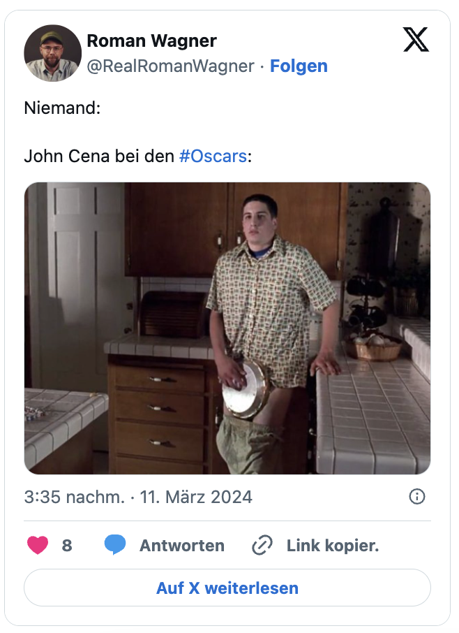 Niemand:

John Cena bei den #Oscars: