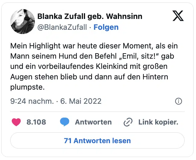 Mein Highlight war heute dieser Moment, als ein Mann seinem Hund den Befehl „Emil, sitz!“ gab und ein vorbeilaufendes Kleinkind mit großen Augen stehen blieb und dann auf den Hintern plumpste.