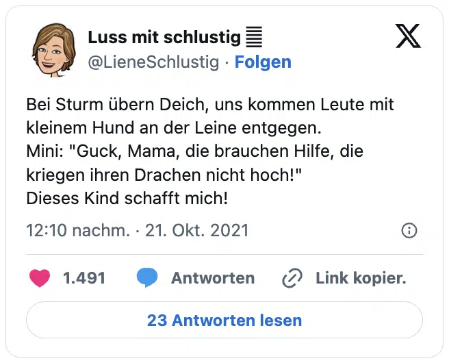 ei Sturm übern Deich, uns kommen Leute mit kleinem Hund an der Leine entgegen.
Mini: "Guck, Mama, die brauchen Hilfe, die kriegen ihren Drachen nicht hoch!"
Dieses Kind schafft mich!